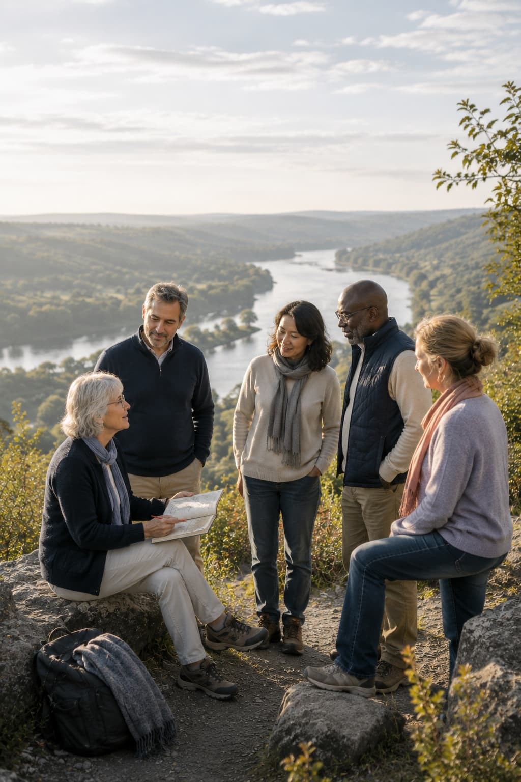 A small group in warm, unhurried conversation outdoors — the companionship of fellow travellers navigating the midlife passage together.