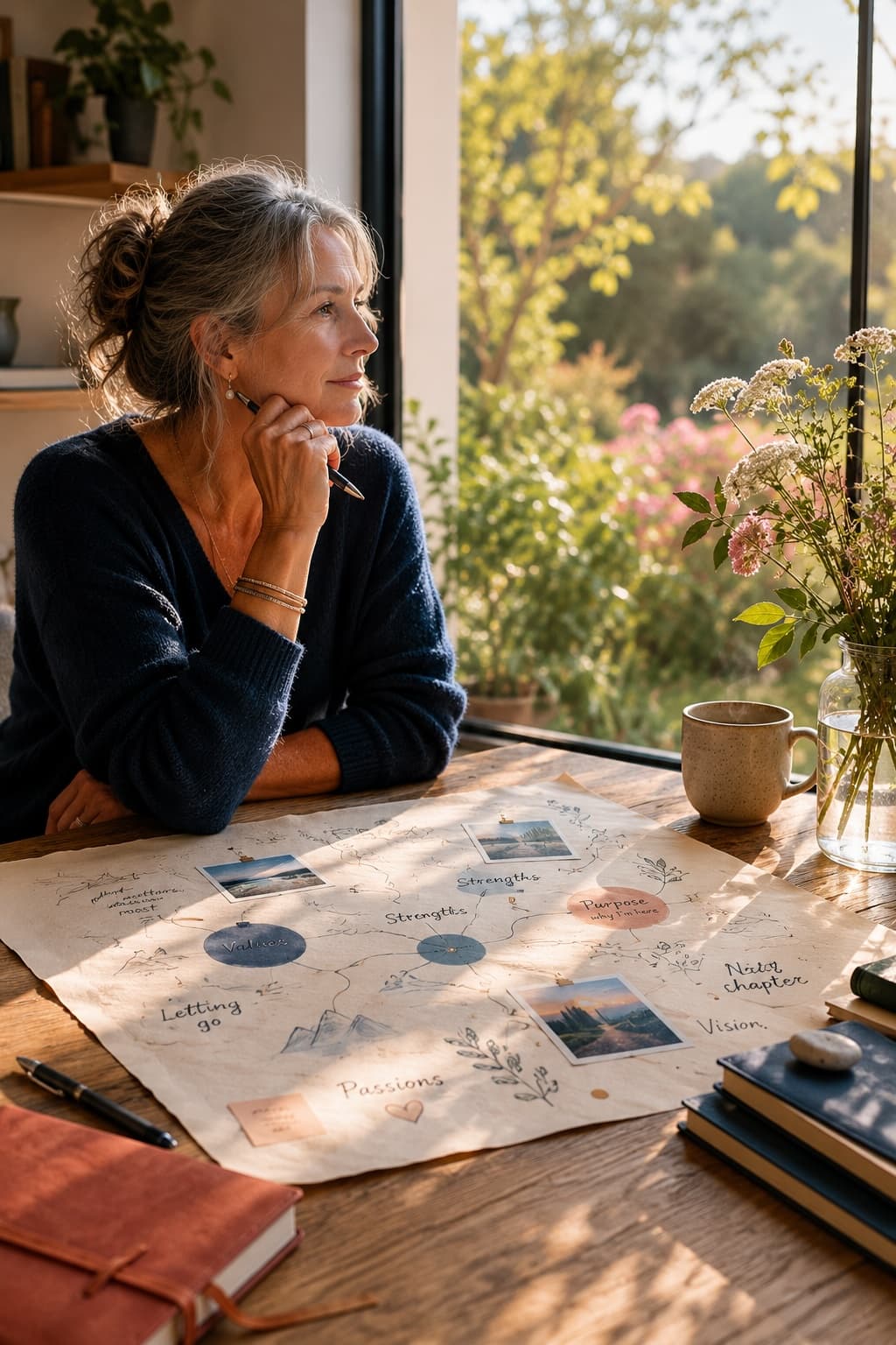 A woman reviews her personal Identity Map at a table — insights gathered and ready to guide the next chapter.