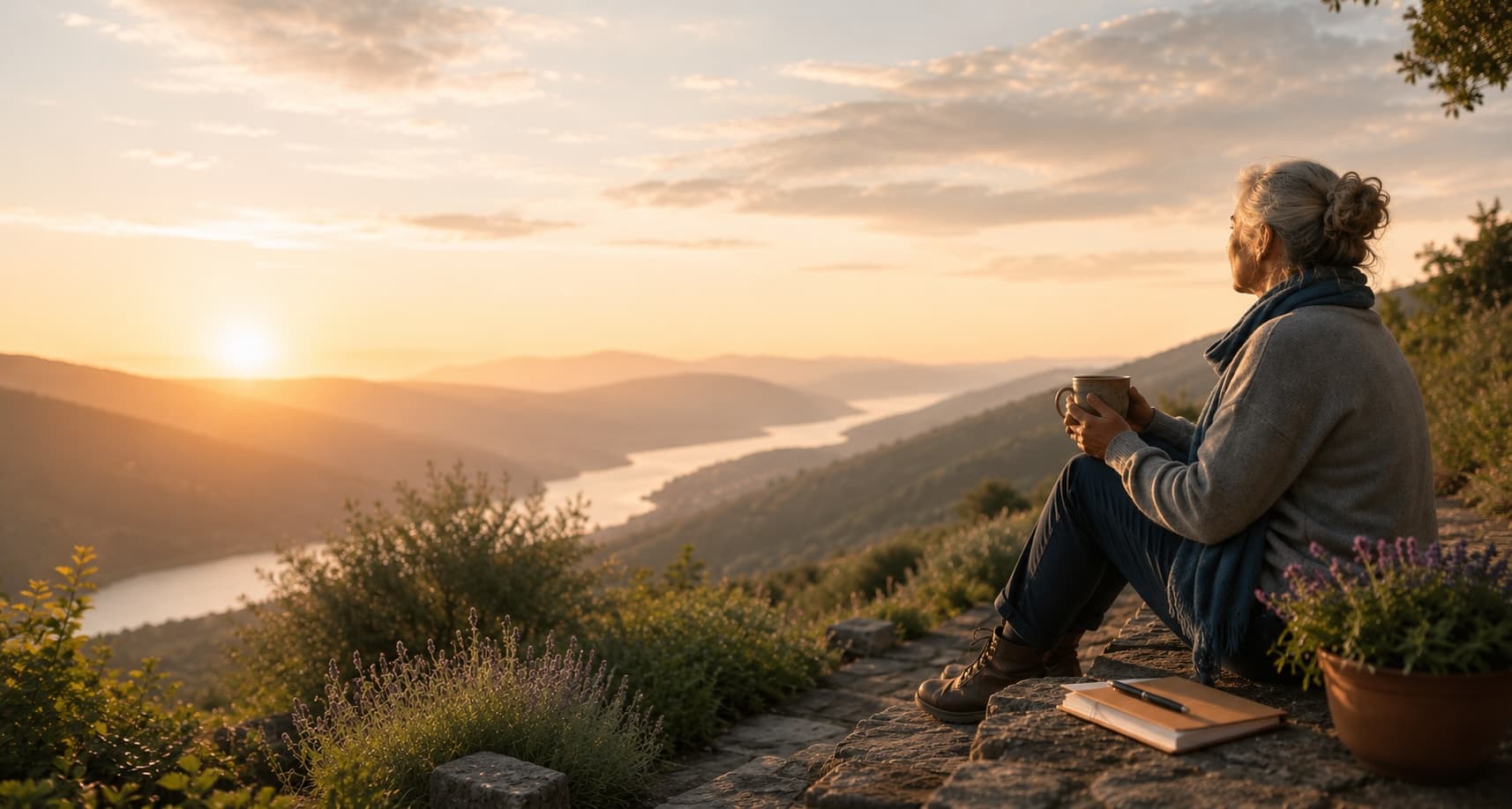 A woman sits on a stone terrace at sunset, overlooking a river valley — a calm, reflective moment of readiness.