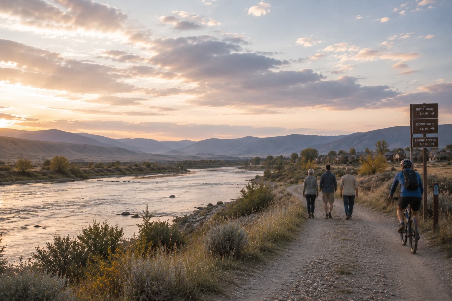 People walking together along a coastal path at sunset — fellow travellers moving forward with intention.