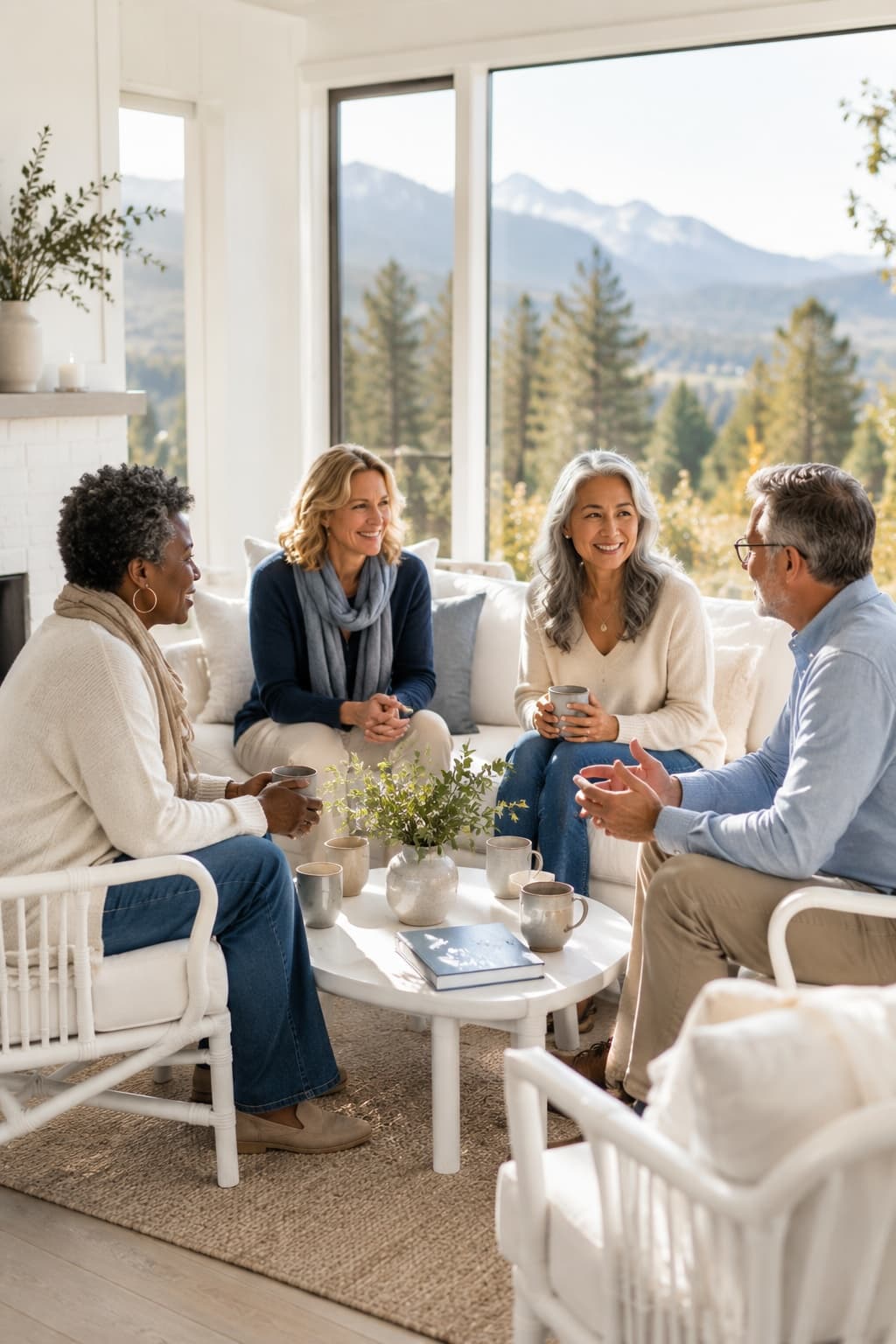 A small group in unhurried conversation outdoors — the warmth of shared understanding and companionship.